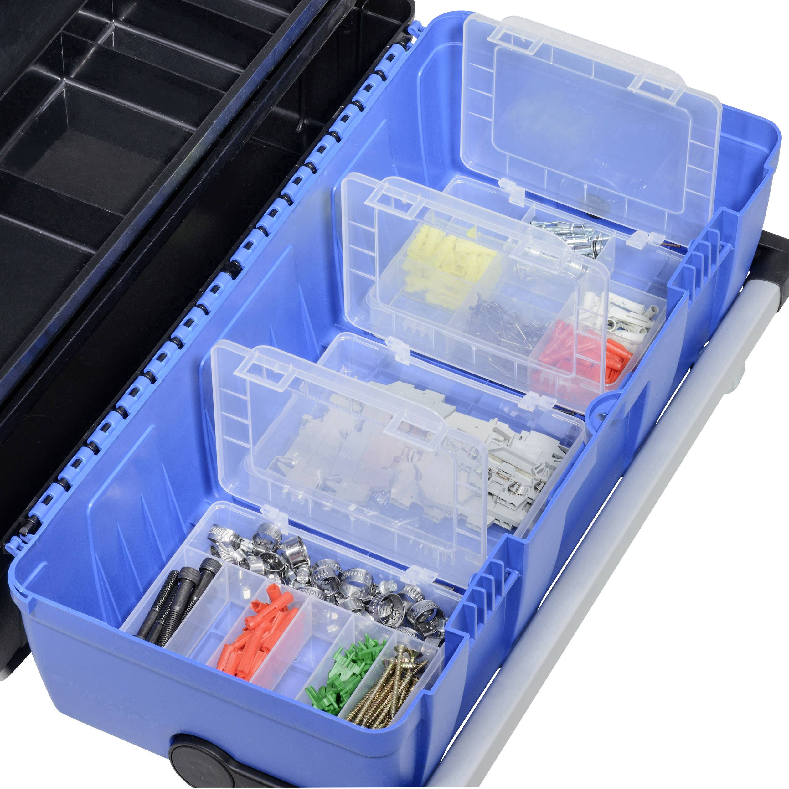 Tool case with various compartments containing screws, wall plugs and other small parts. Case is blue with a transparent lid.
