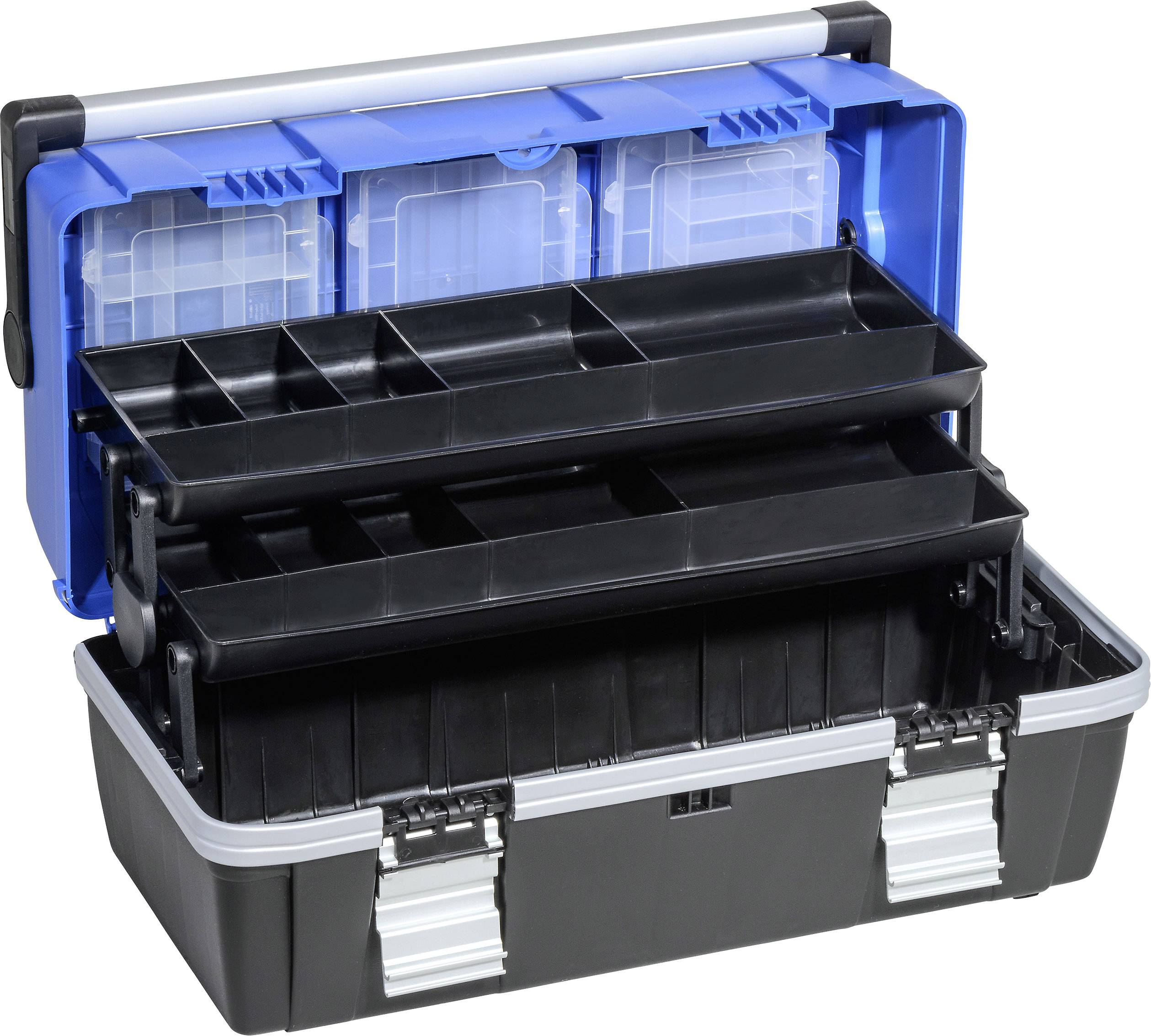 Open toolbox with a black casing and blue lid, showing multiple compartments and drawers for tools.
