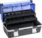 Open toolbox with a black casing and blue lid, showing multiple compartments and drawers for tools.