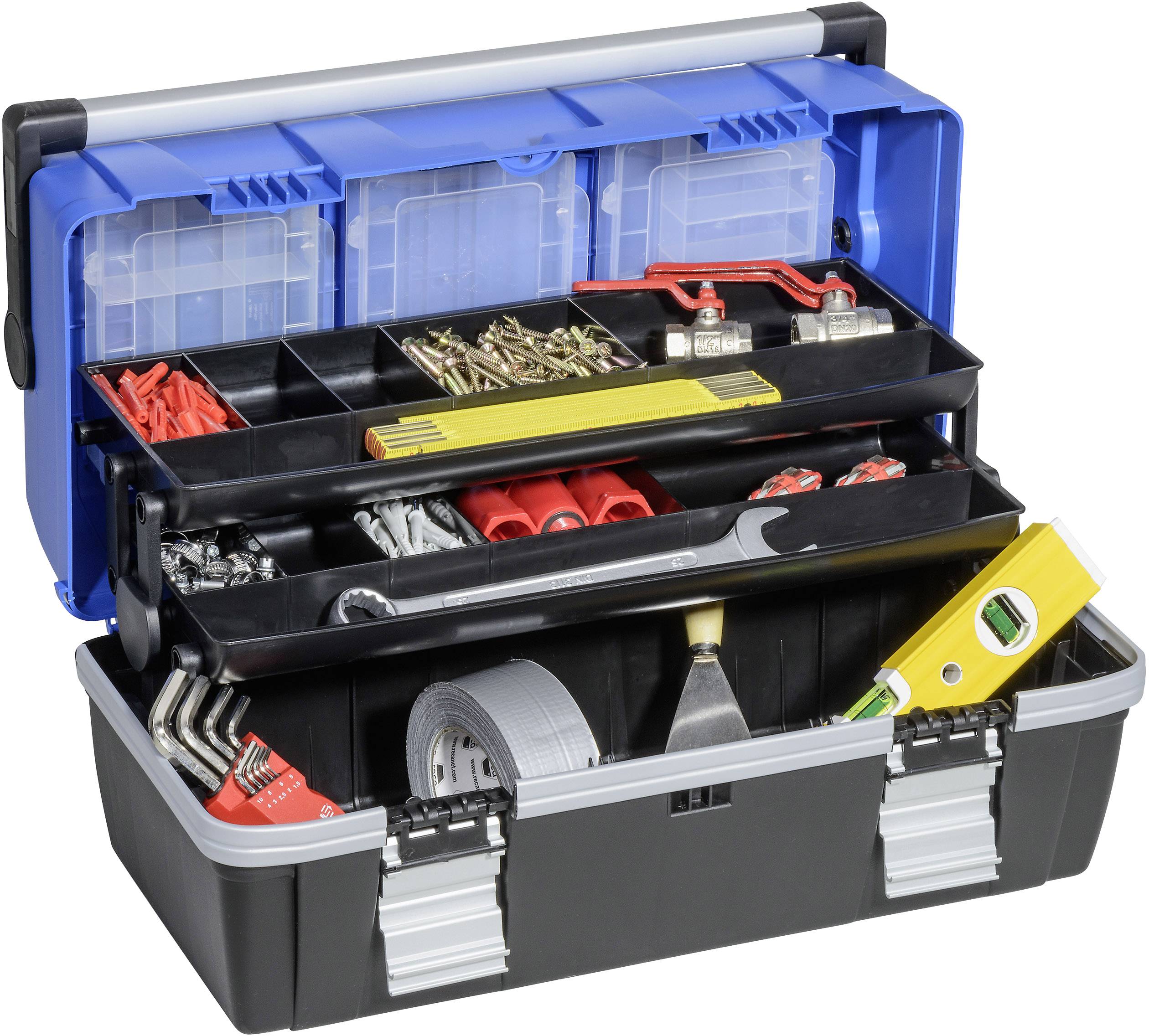 An opened toolbox with various tools and accessories. Contains screwdrivers, screws, adhesive tape, and a measuring cup.