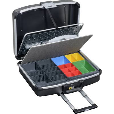 An opened tool case with removable, coloured compartments for organising tools or small parts.