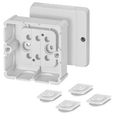 Plastic enclosure with holes for mounting, with four isolated cable clamps shown alongside. Suitable for wall mounting.