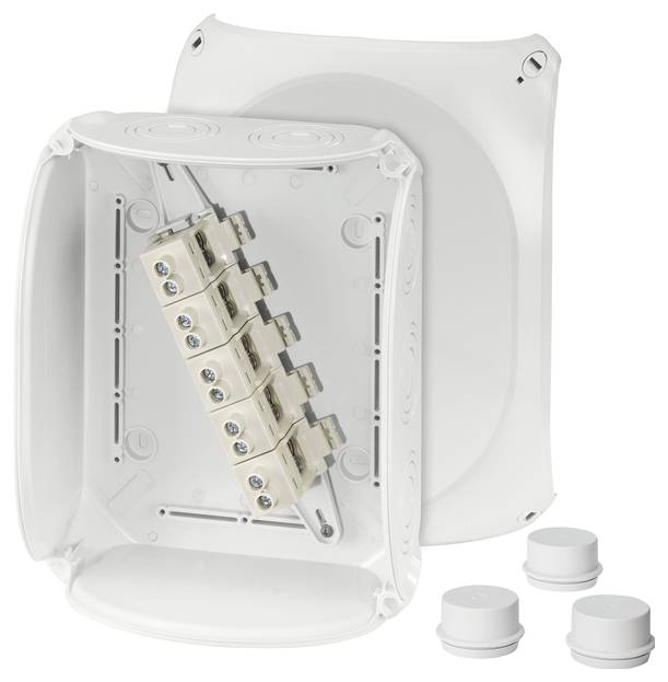 Opened white electrical box with visible cable entries and fuse slots. Three seals are lying beside it.