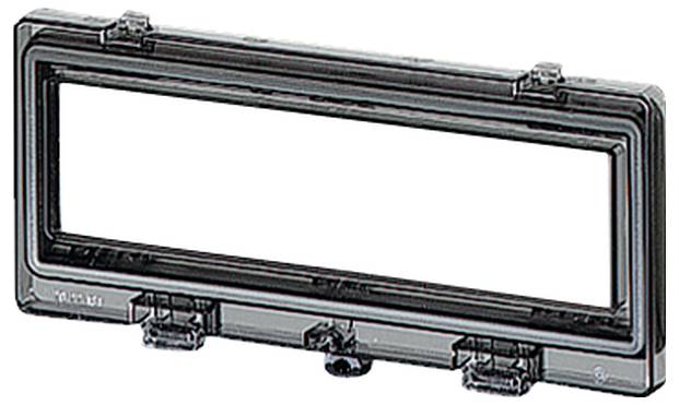 Plastic frame, rectangular, transparent, with four mounting clips, suitable for installation or encasing rectangular objects.