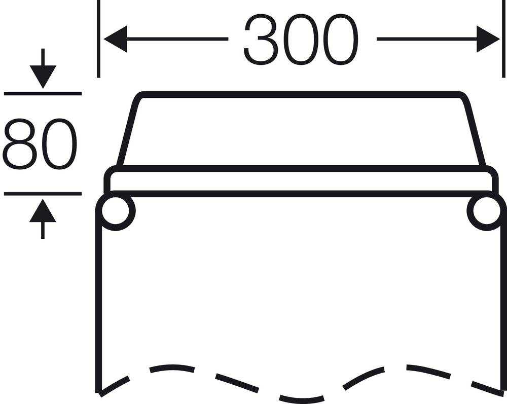 Technical drawing of an object with dimensions of 300 mm width and 80 mm height. Upper area rectangular, bottom wavy.