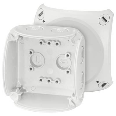 Two white, square junction boxes with rounded corners and multiple cable entry points, opened and stacked on top of each other.