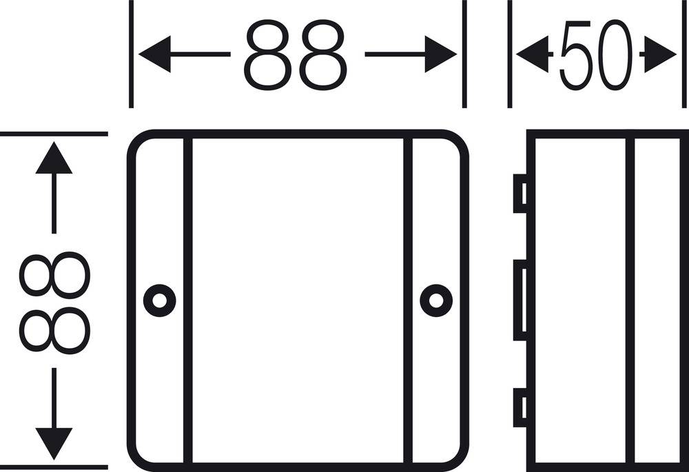 'Switch box with dimensions 88 mm x 88 mm x 50 mm. Front view shows two screw holes. Side view shows connection terminals.'
