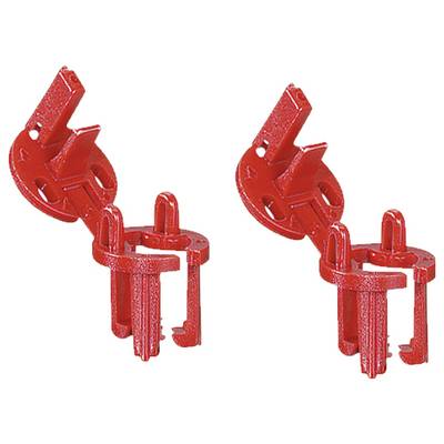 Two red plastic clamps on a white background, suitable for lockout-tagout safety procedures for locking mechanical switches.