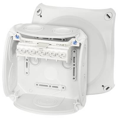 Electrical junction box made of white plastic, opened, with visible connection terminals and multiple entry points.