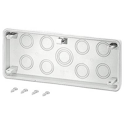 A rectangular plastic frame with several round cutouts and four corner clips. Beneath it are four small metal clips.
