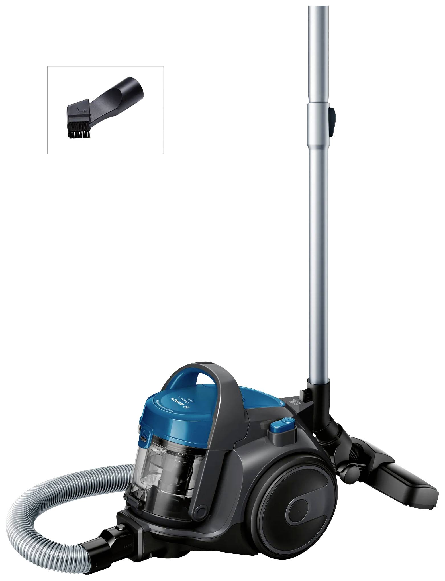 A blue and grey vacuum cleaner with suction tube and brush attachment is pictured. A corner accessory is shown in the top left.
