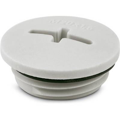 Round blanking plug made of grey plastic with grooves on the underside and a slot at the top. Top surface embossed with 'MPOX18'.