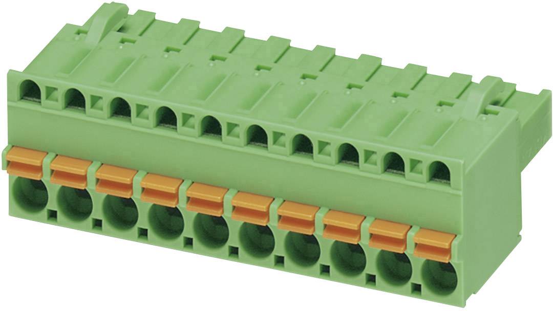 Green, rectangular connector component with multiple orange terminals. Suitable for electronic applications.