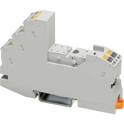 A grey electrical terminal block with multiple connectors and an orange lever, designed for mounting on a DIN rail in industrial settings.