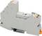 A grey electrical terminal block with multiple connectors and an orange lever, designed for mounting on a DIN rail in industrial settings.