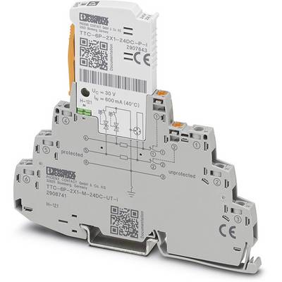 'Surge protection device for DIN rail mounting with technical product labelling and QR codes, suitable for 24 V DC systems, Phoenix Contact.'