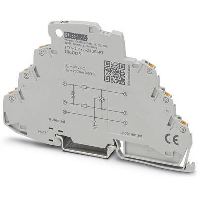 A grey industrial component with connections and labelling. Contains a circuit diagram symbol and QR code. Manufacturer information at the top.