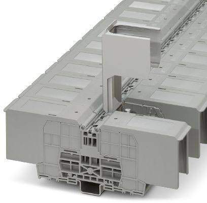 A grey modular cable trunking with a removable lid and side label boxes for organised cable management.