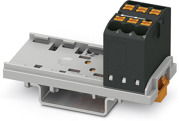 An electrical connector with a black body and orange levers mounted on a grey bracket.