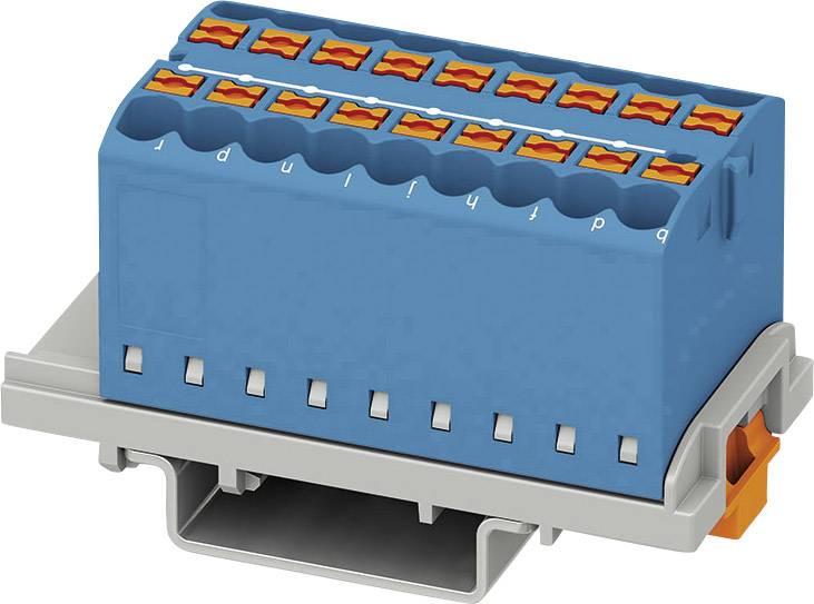A blue electric connector with orange terminals mounted on a grey base, suitable for wiring electrical lines.
