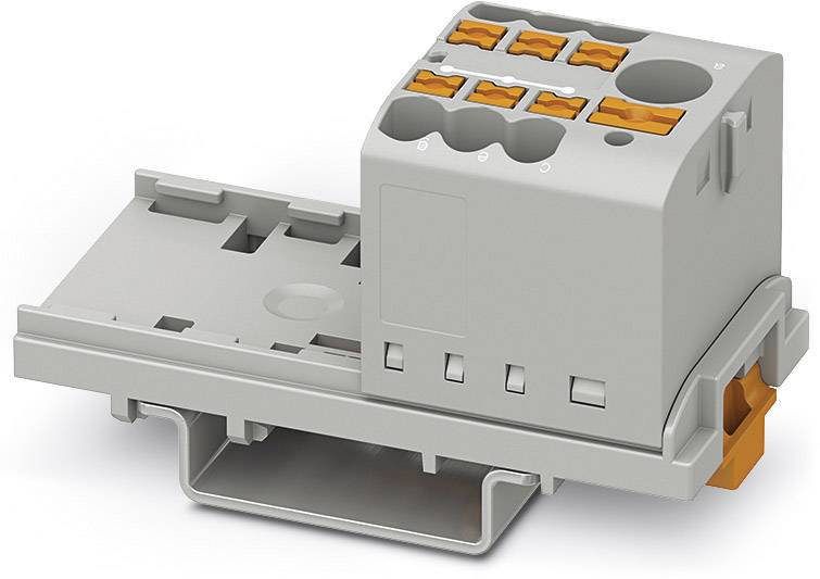A grey terminal block with orange levers, mounted on a DIN rail, is shown.