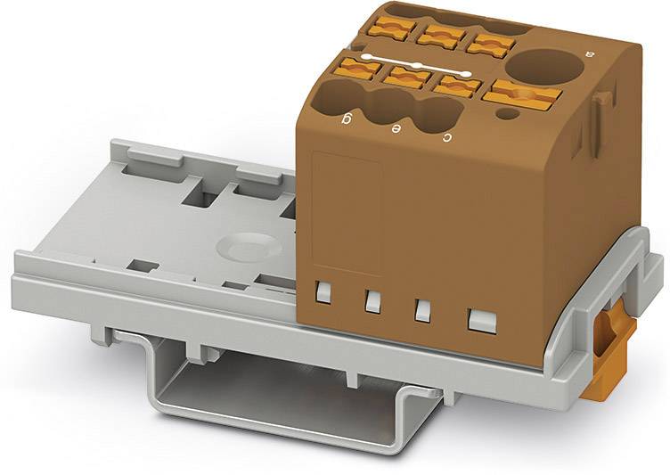 A brown electrical terminal module mounted on a grey DIN rail mounting, suitable for connecting cables.