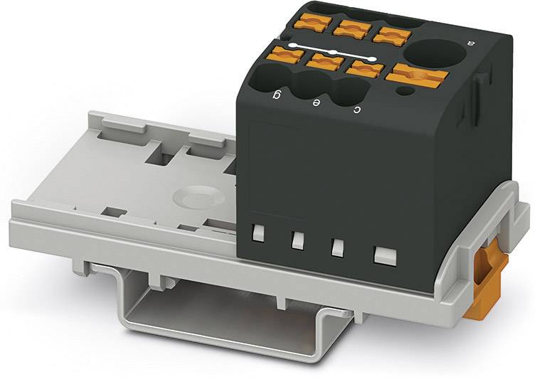 An electrical plug connector with a black housing and orange terminals, mounted on a grey support rail.