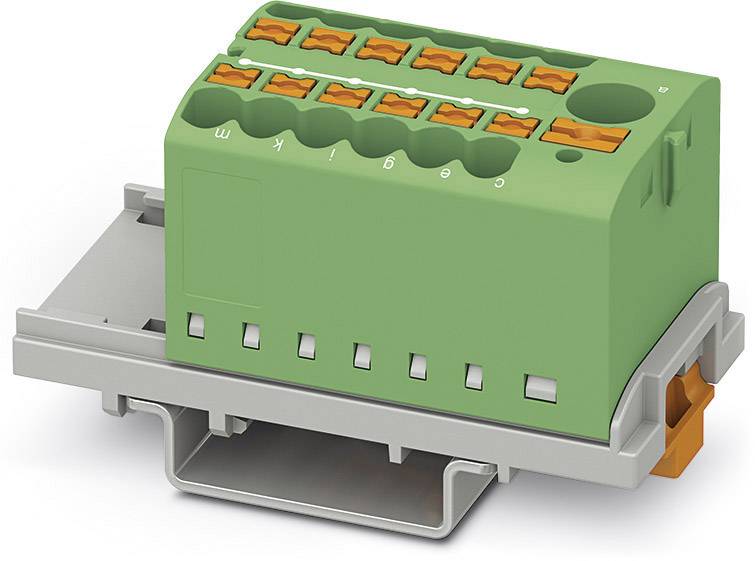 Green connector block on grey base. Eight orange terminals in two rows on top. Suitable for DIN rail mounting.