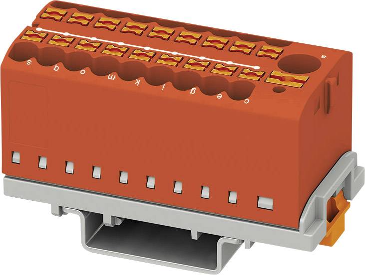 Red, rectangular electrical connector with multiple slots, mounted on a grey base.