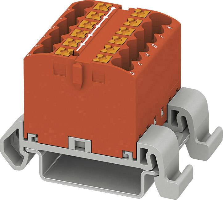 An orange-red profile component with a yellow insert, mounted on a grey base, possibly an electrical connector.