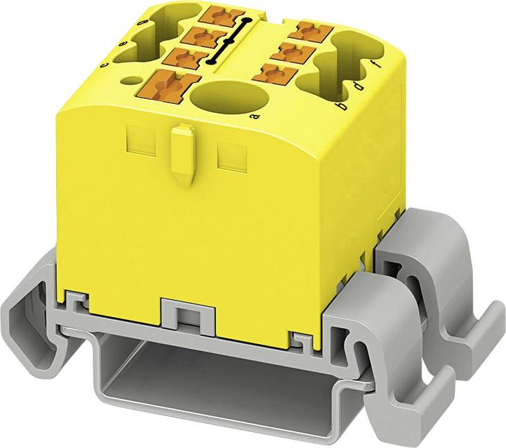 Yellow, rectangular electrical component with several orange connection terminals, mounted on a grey carrier.