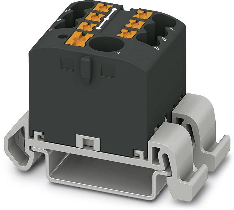 'Black electric terminal housing with orange terminal connections on a grey mounting bracket.'