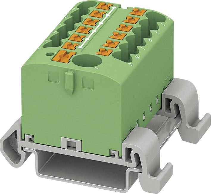 A green connector element with orange clips, mounted on a grey mounting bracket. Suitable for industrial connections.