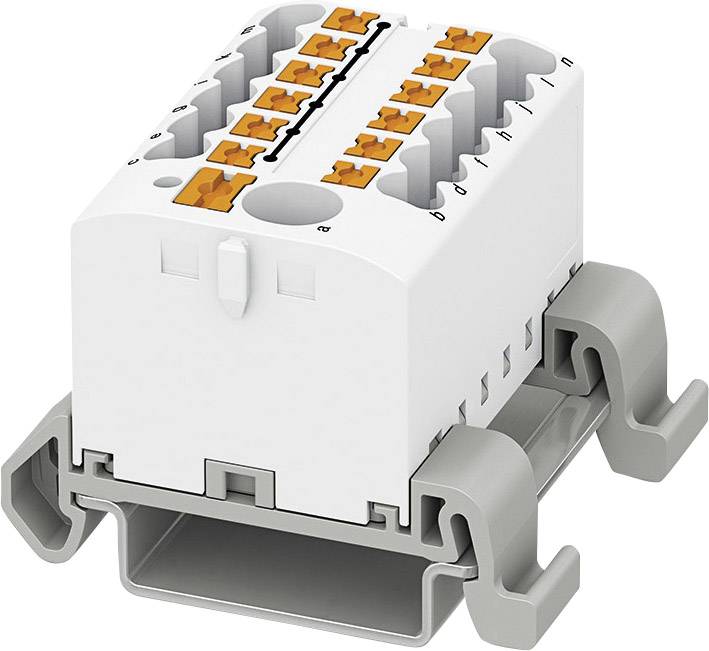 Multi-pole electrical connector with orange levers on a grey mounting bracket, for secure cable connection.