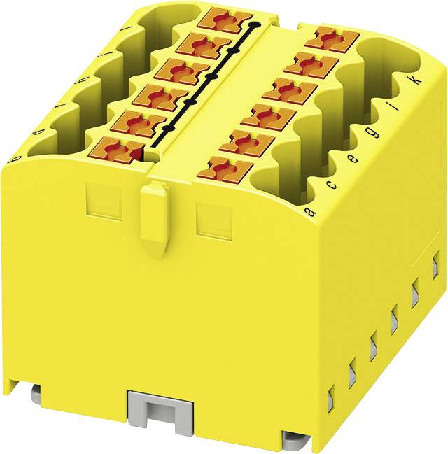 Yellow plug-in module with multiple connections, numbered from a to g, for electrical connection and mounting on a DIN rail.