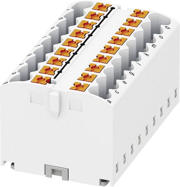 White terminal block with orange connectors in two rows, each labelled with letters, suitable for wire connections.