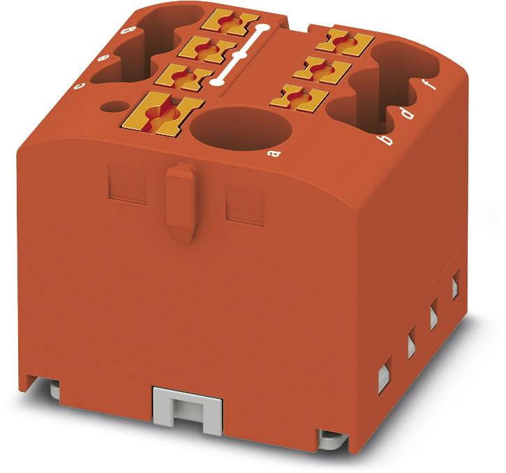 Red, rectangular electrical connector with multiple slots and yellow terminals, suitable for industrial applications.