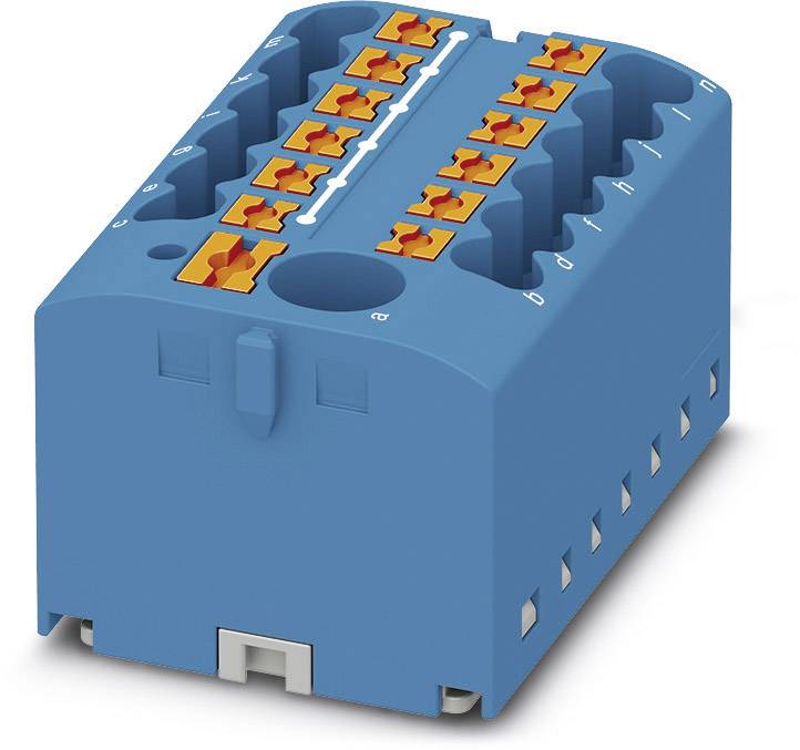 Blue plastic housing of an electrical connector with orange terminals in two rows.