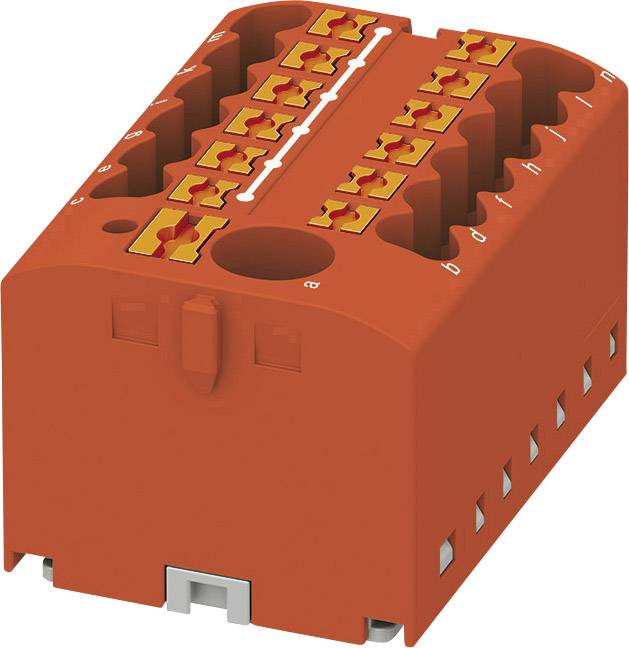 Red, rectangular connection unit with multiple slots and numbered ports on top.