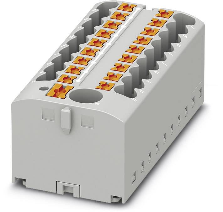 Grey, rectangular connection module with orange quick connectors in two rows, for easy wiring of multiple cables.
