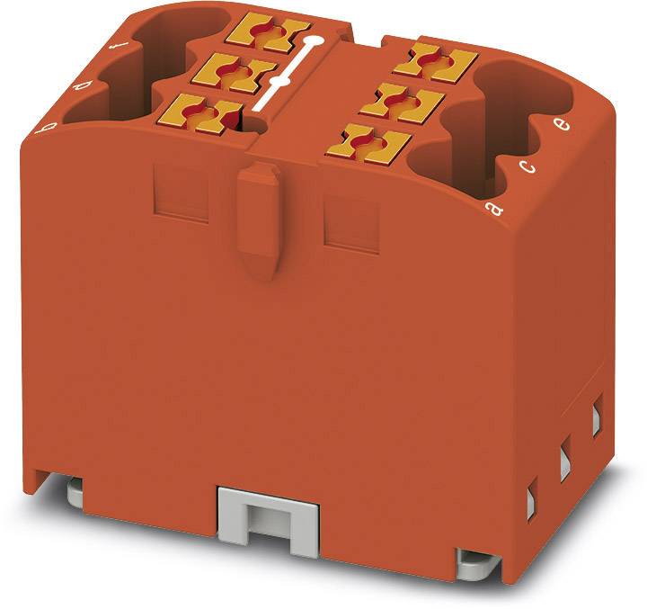 Red electrical rectangular connector with multiple connection points and clamping options, for industrial applications.