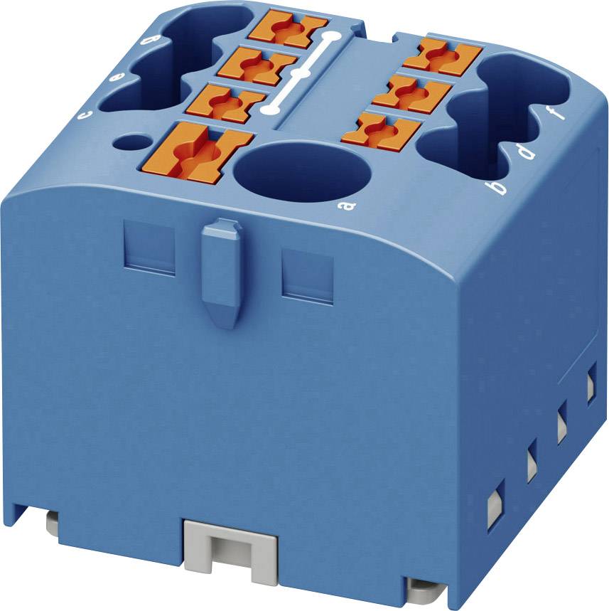 Blue electrical connection block with orange levers and multiple cable connection options.