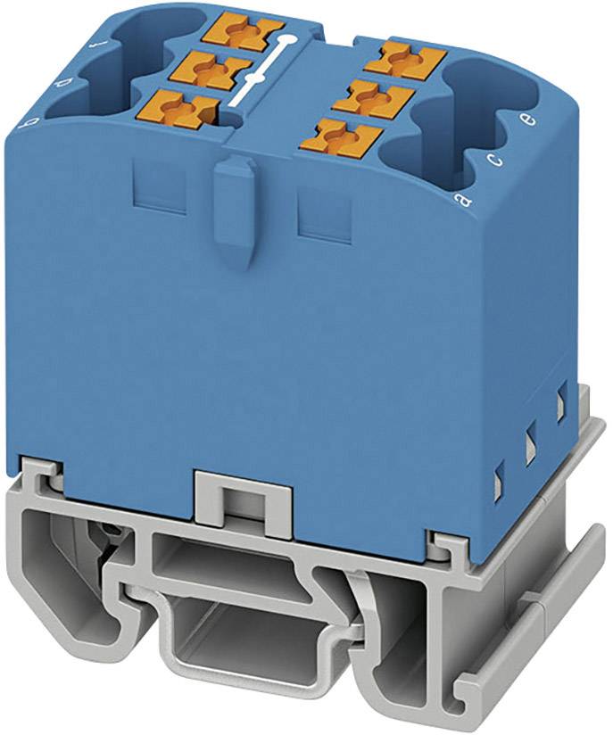 A blue, modular electrical connector with orange terminals mounted on a grey mounting frame. Suitable for printed circuit board assembly.