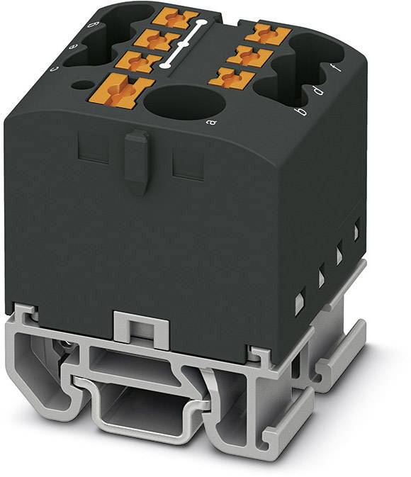 Black and grey electrical connector with orange clips, mounted on a DIN rail. Used in electrical circuits.