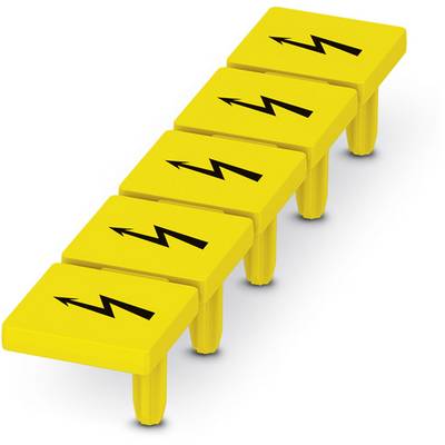 Five yellow plugs with lightning symbols stand upright in a diagonal line. Symbolising electric current or electricity.