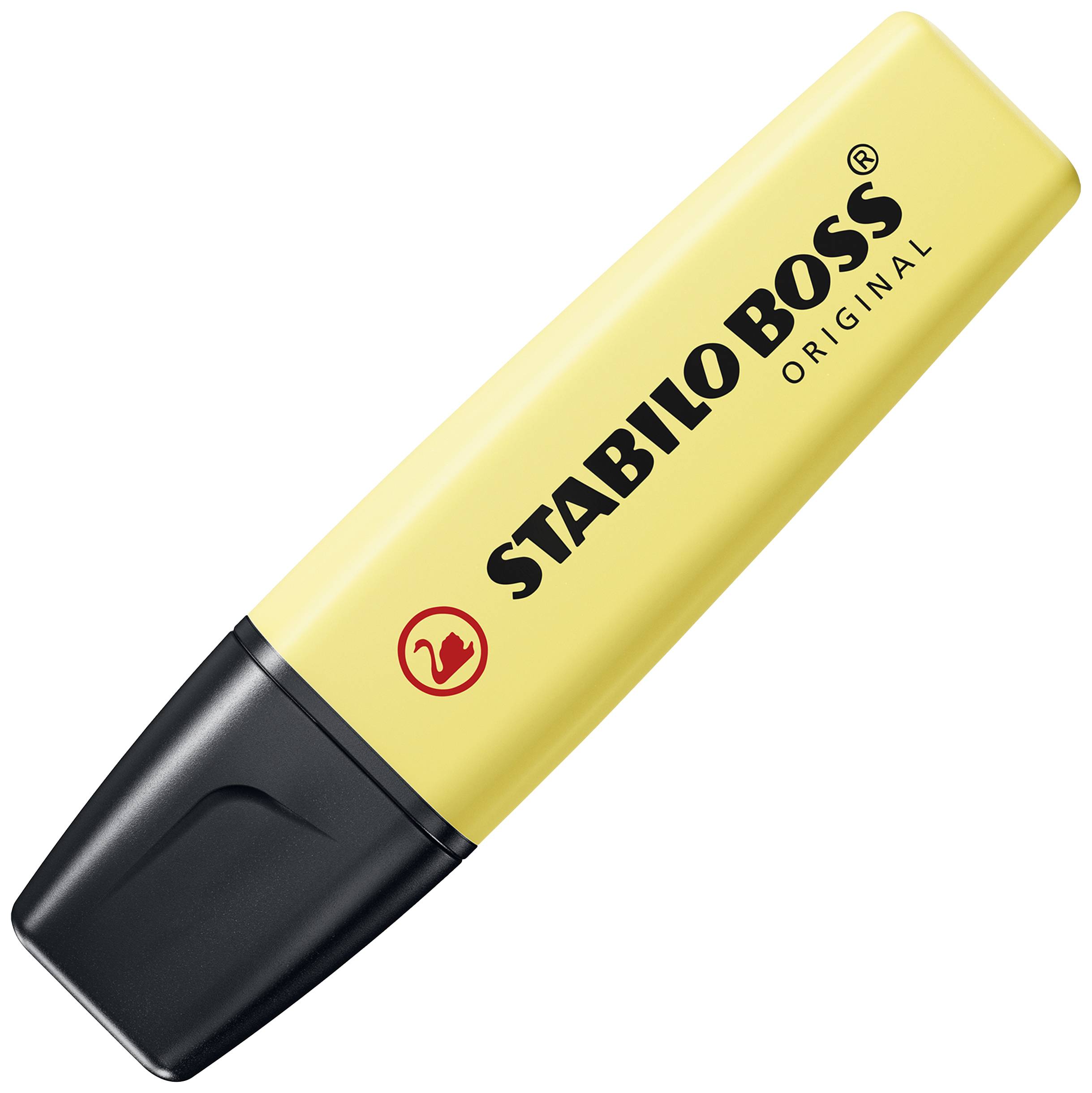 Yellow highlighter with black cap, brand 'STABILO BOSS ORIGINAL'.