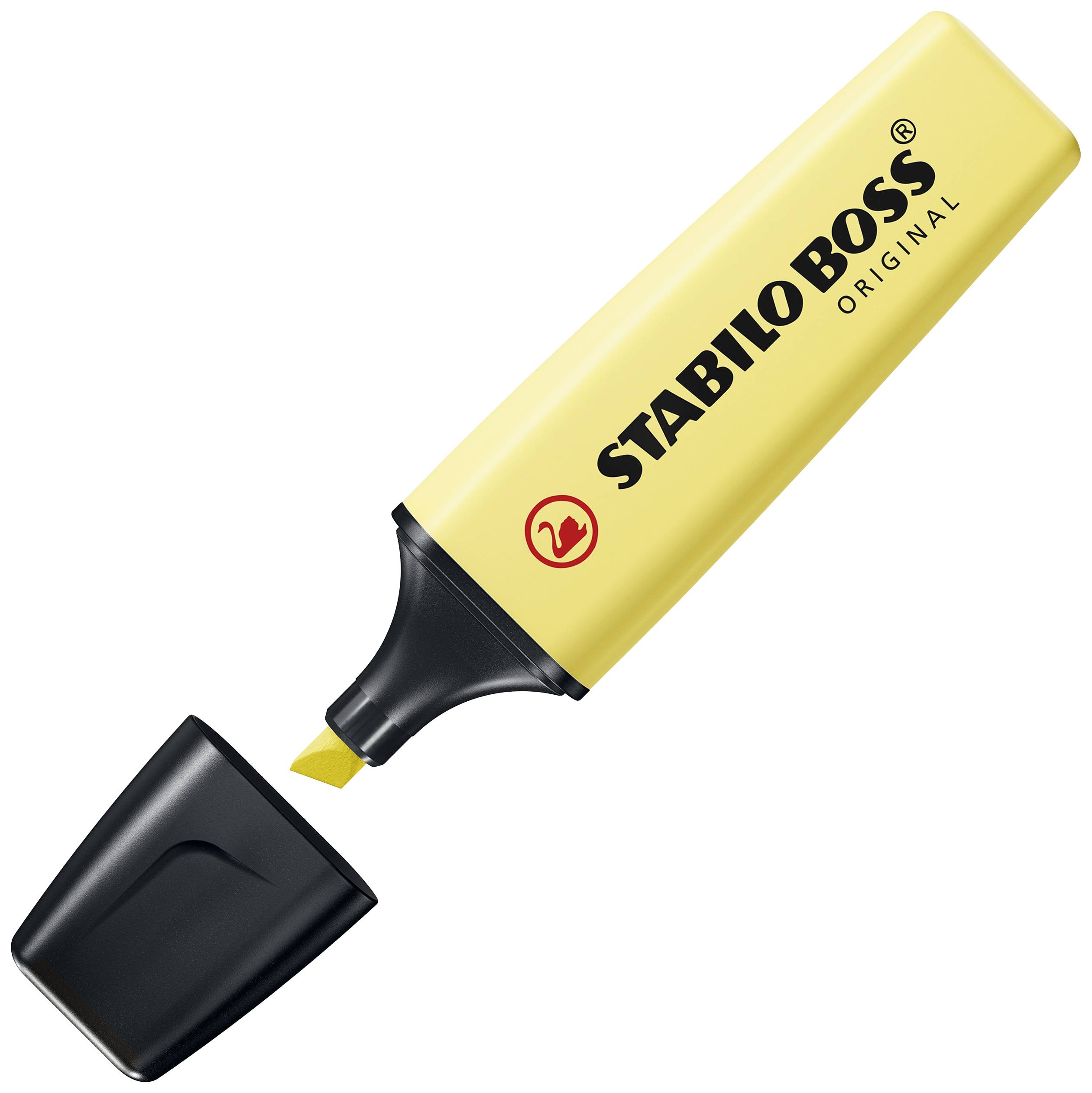 Yellow Stabilo Boss highlighter with black cap removed, tip pointing to the left. Suitable for marking text passages.