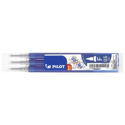 Three blue gel pens with the inscription 'Pilot FriXion 0.5 mm'. Packaging displays barcodes and product information.