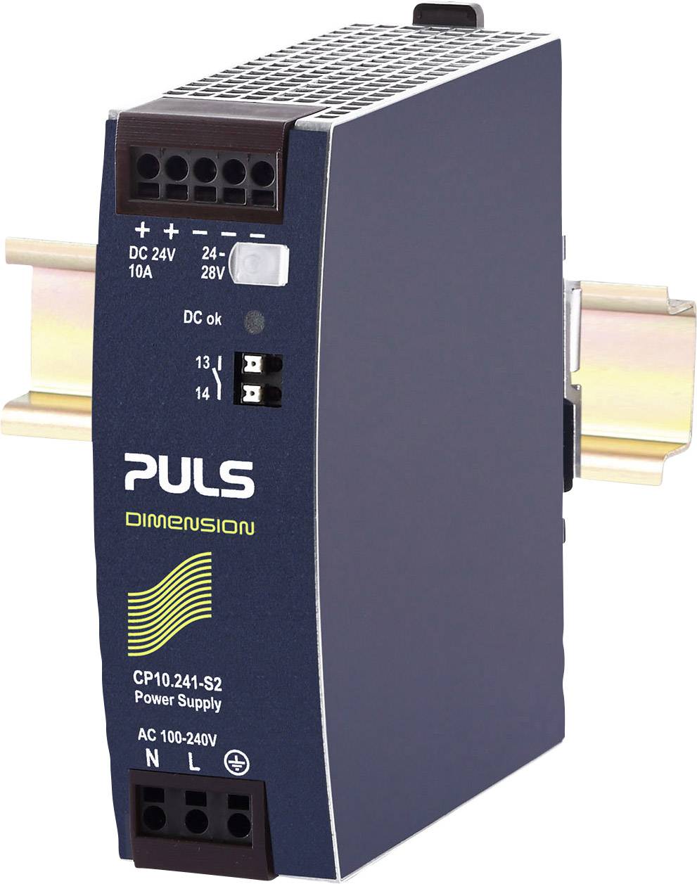 A Puls brand power supply, model CP10.241-S2, mounted on a DIN rail. It provides an output of 24V and 10A.