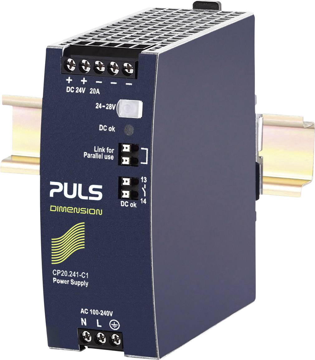 A blue switched-mode power supply by PULS, model 'CP20.241-C1', mounted on a DIN rail, provides 24V DC and has a 20A rating.